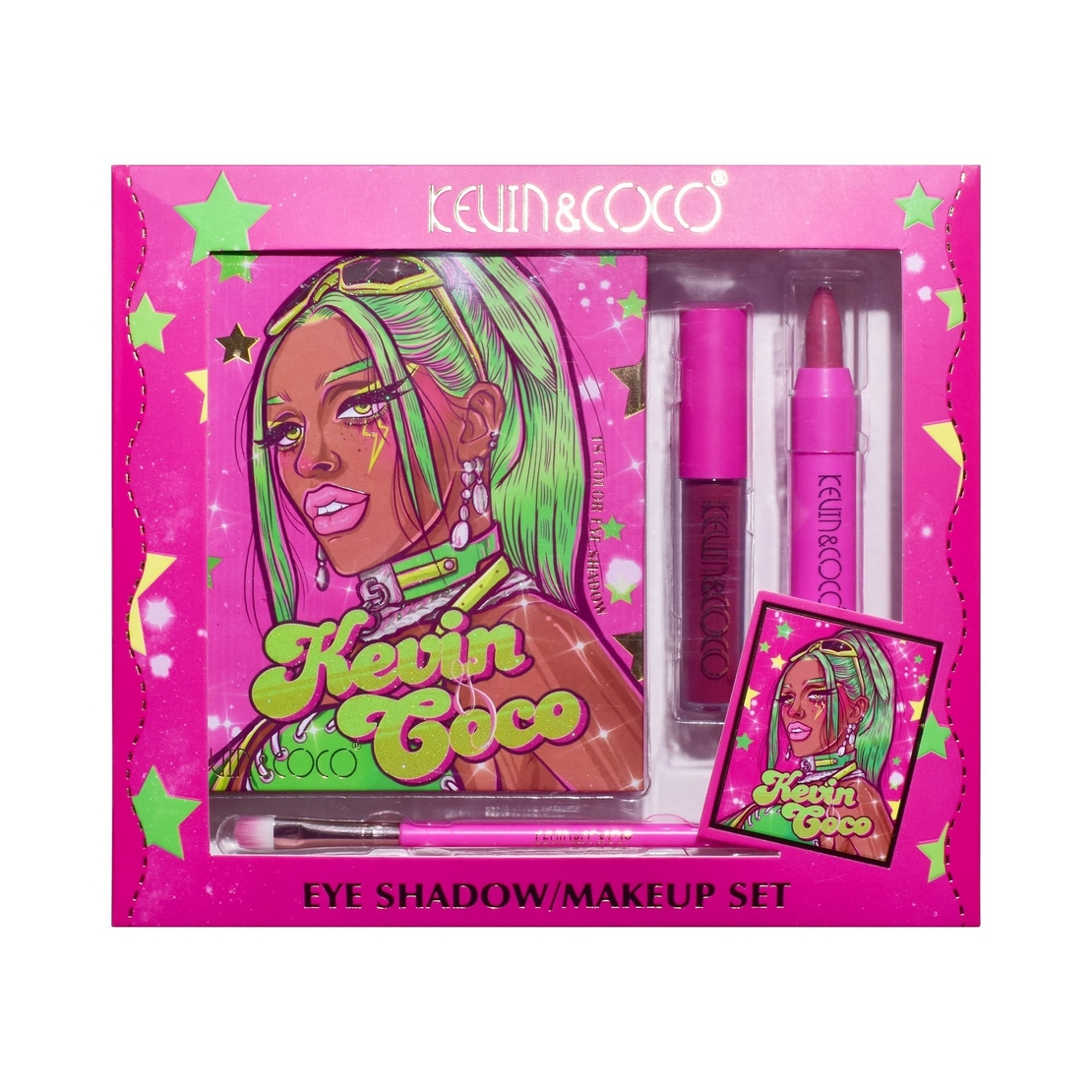 Set 4 Produse de Machiaj, KEVIN & COCO, Green Cool Girl, 18 culori, 20.5 x 18.2 x 2.2 cm
