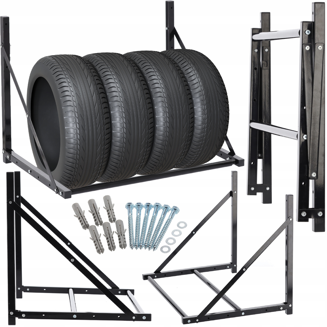 Suport suspendat pentru anvelope reglabil, montaj pe perete cu kit instalare inclus, 120x56x50 cm, negru