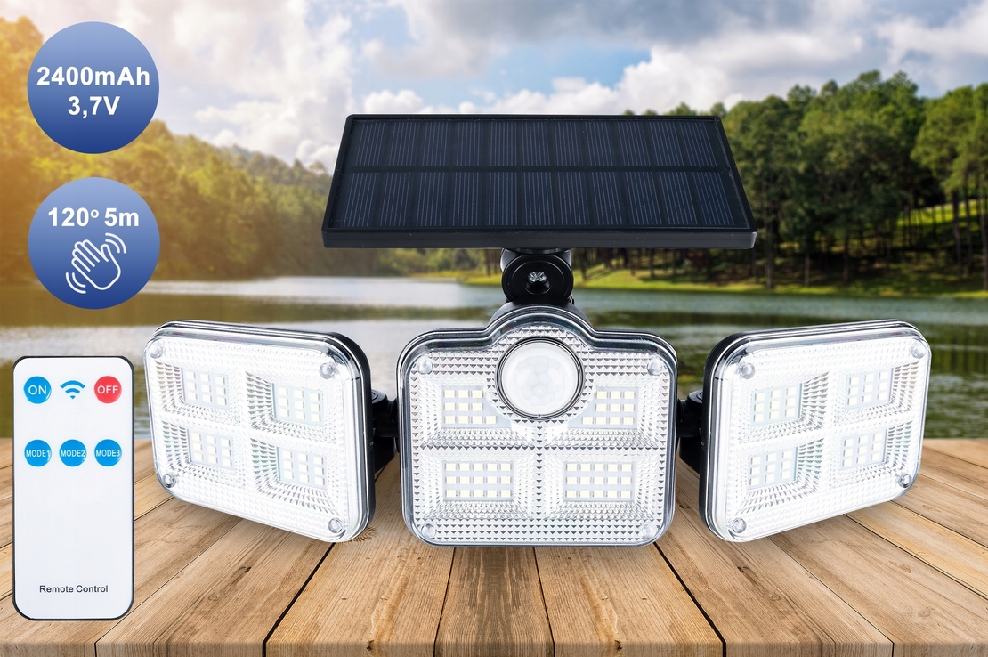 Proiector LED solar modular cu 3 lampi, senzor de miscare, 122LED-uri, cu telecomanda