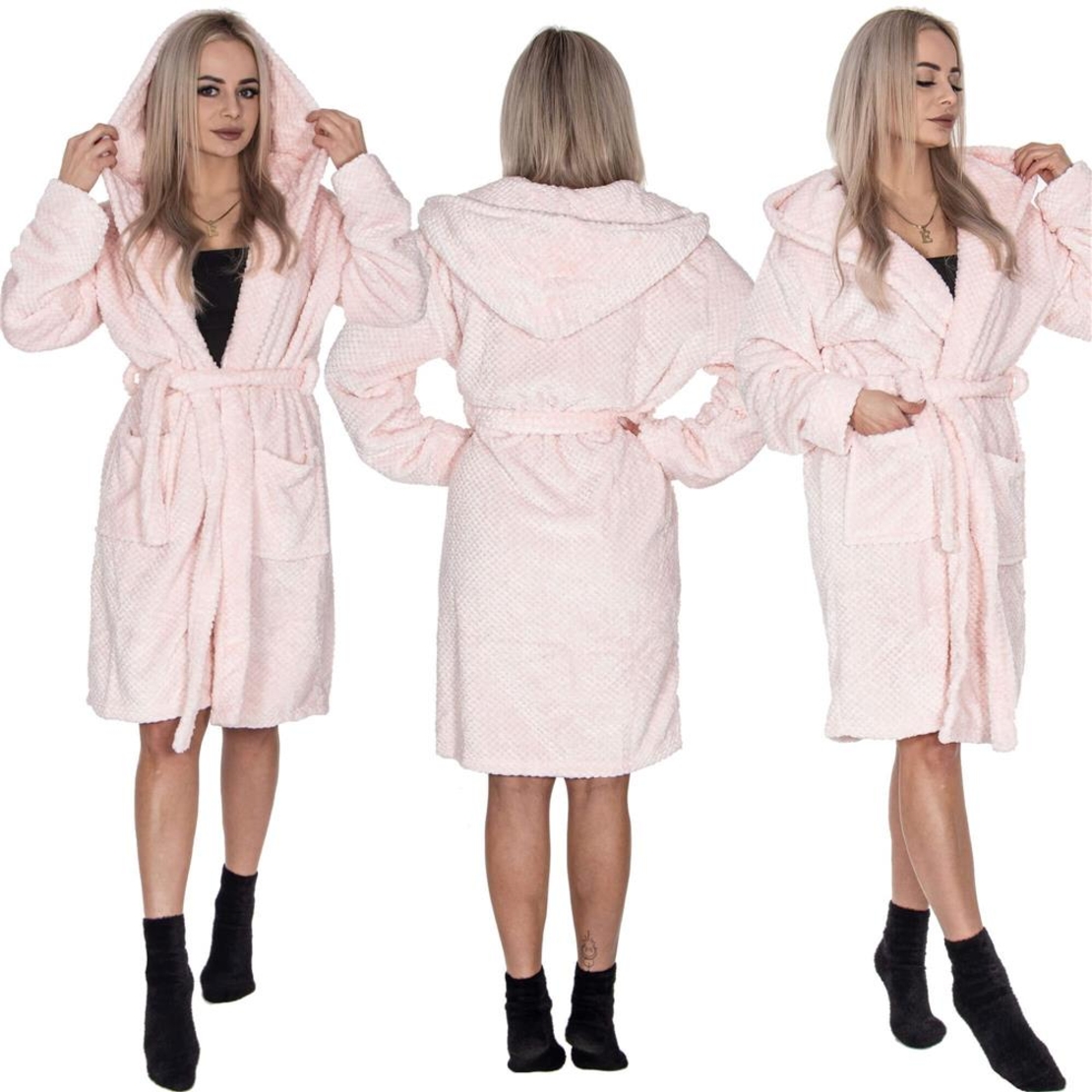 Halat de baie pentru femei pana la genunchi, cu gluga, marimea L/XL, roz