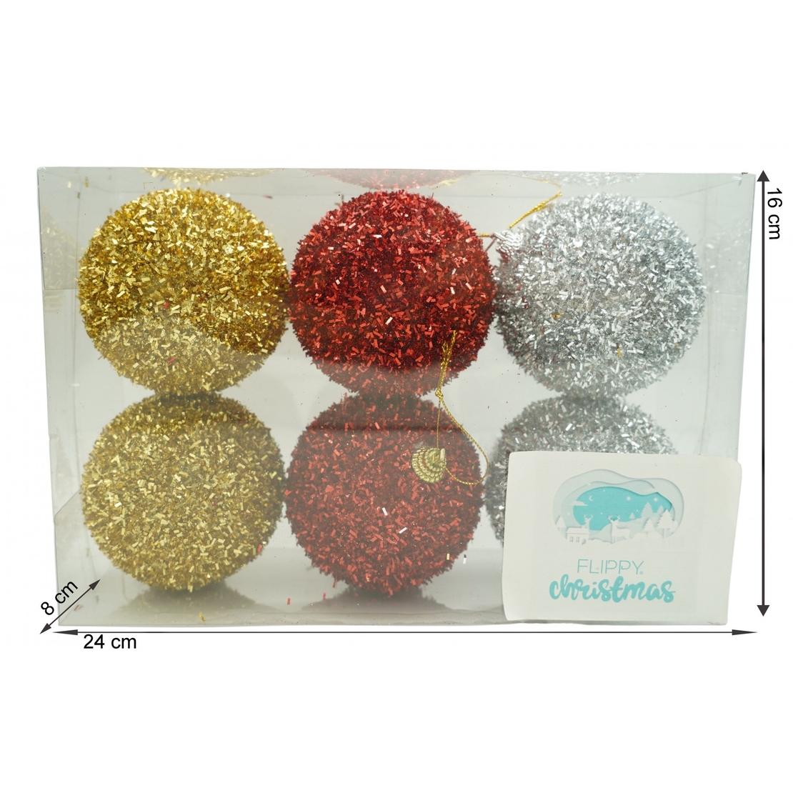 Set de 6 ornamente de brad, Flippy, de tip Glob, Multicolor, cu ø de 8 cm, din polistiren, cu finisaj sclipitor , cutie 16 cm inaltime x 24 cm lungime x 8 cm adancime