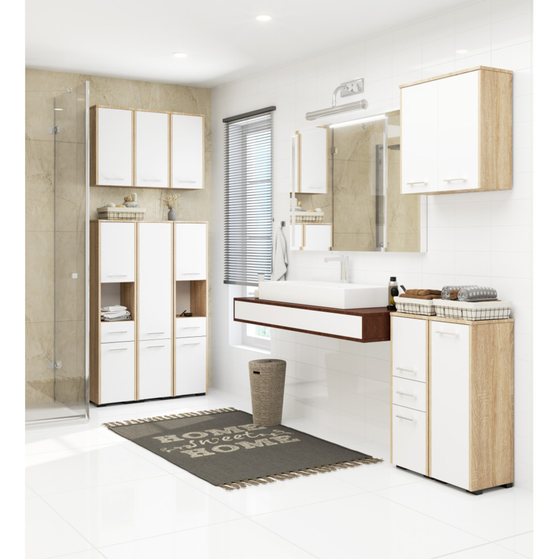 Dulap baie tip coloana cu 2 usi, 1 sertar si rafturi interioare, PAL laminat, 30x30x140 cm, stejar sonoma si alb