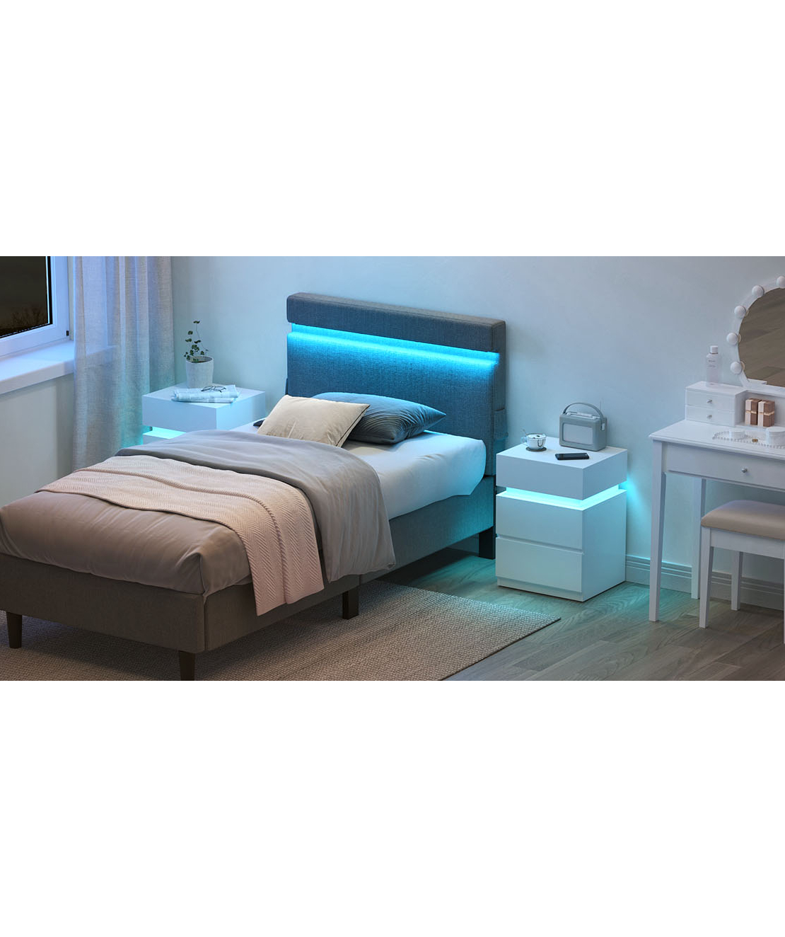 VASAGLE Noptiera din MDF cu iluminare LED, culori si intensitate reglabile, 35x40x55cm, alb