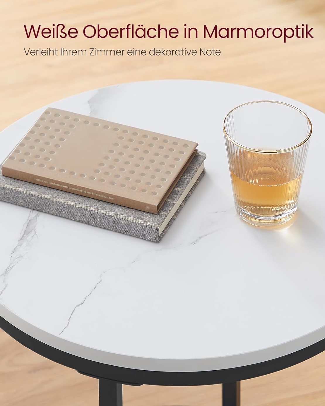 VASAGLE Masa rotunda, cu cadru de otel, noptiera, 45x55cm, negru cu blat alb aspect marmura