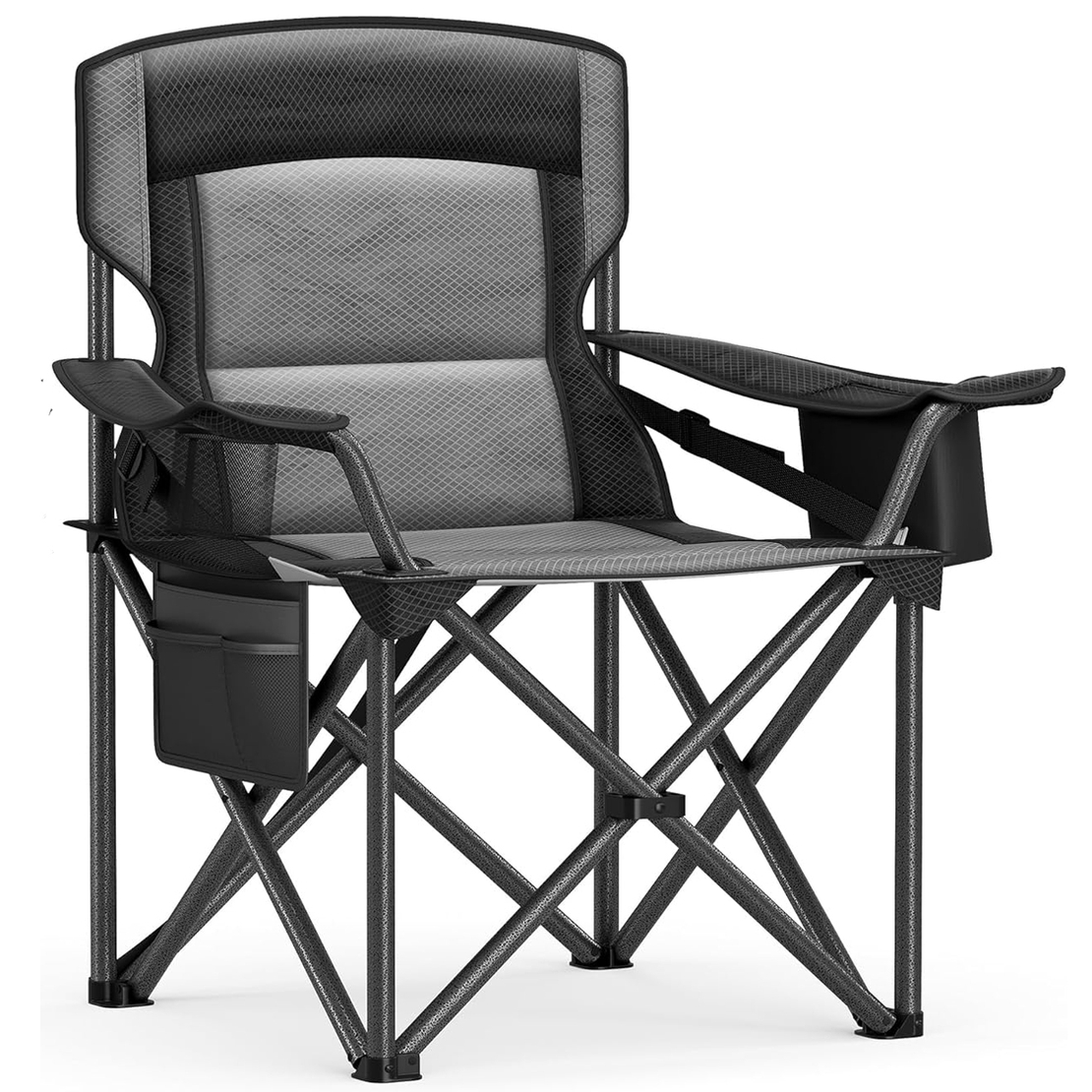 SONGMICS Scaun pliabil camping premium cu spatar inalt si sezut buretat, suport bauturi si buzunar termo, 200 kg, 63x95x100 cm, negru