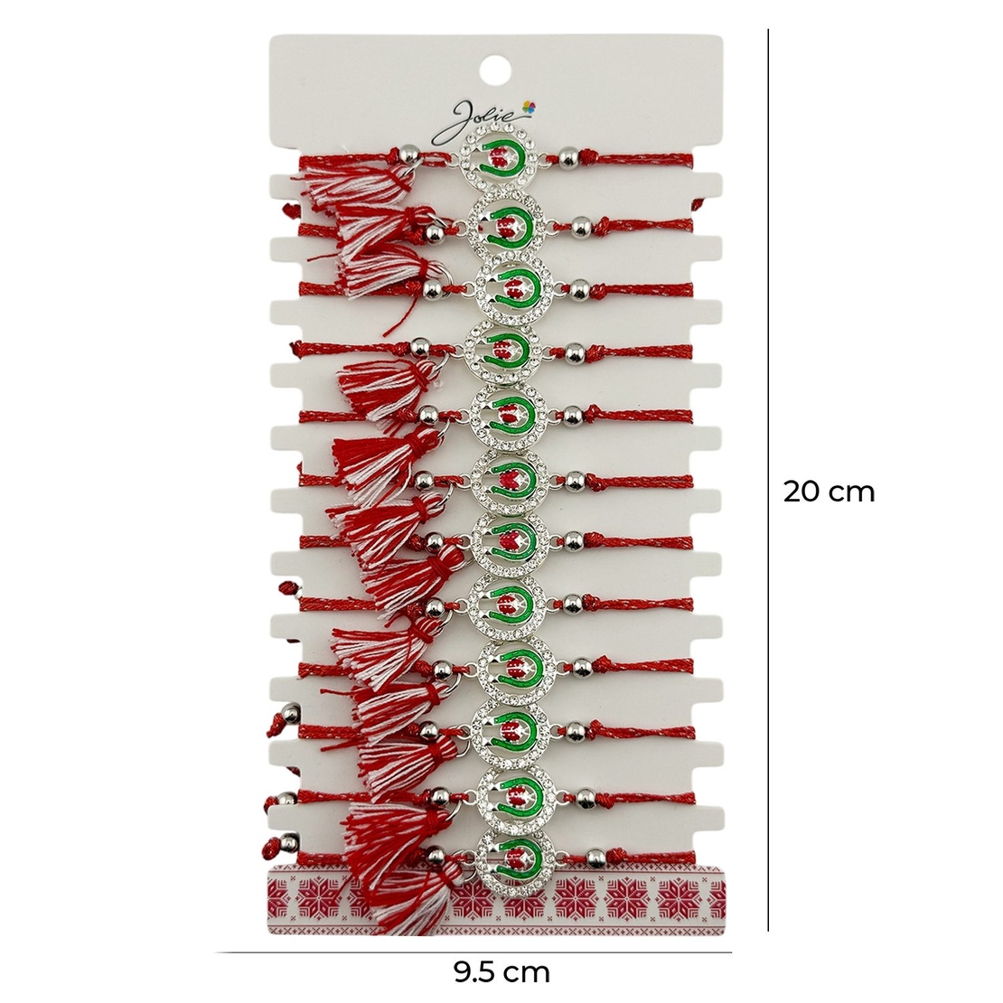 Martisor Bratara cu Ciucure pentru Dama, Jolie, Model Potcoava cu Buburuza in Cerc, Set 12 bucati, Pandativ din Inox cu Pietre, Snur Reglabil, Rosu/Alb