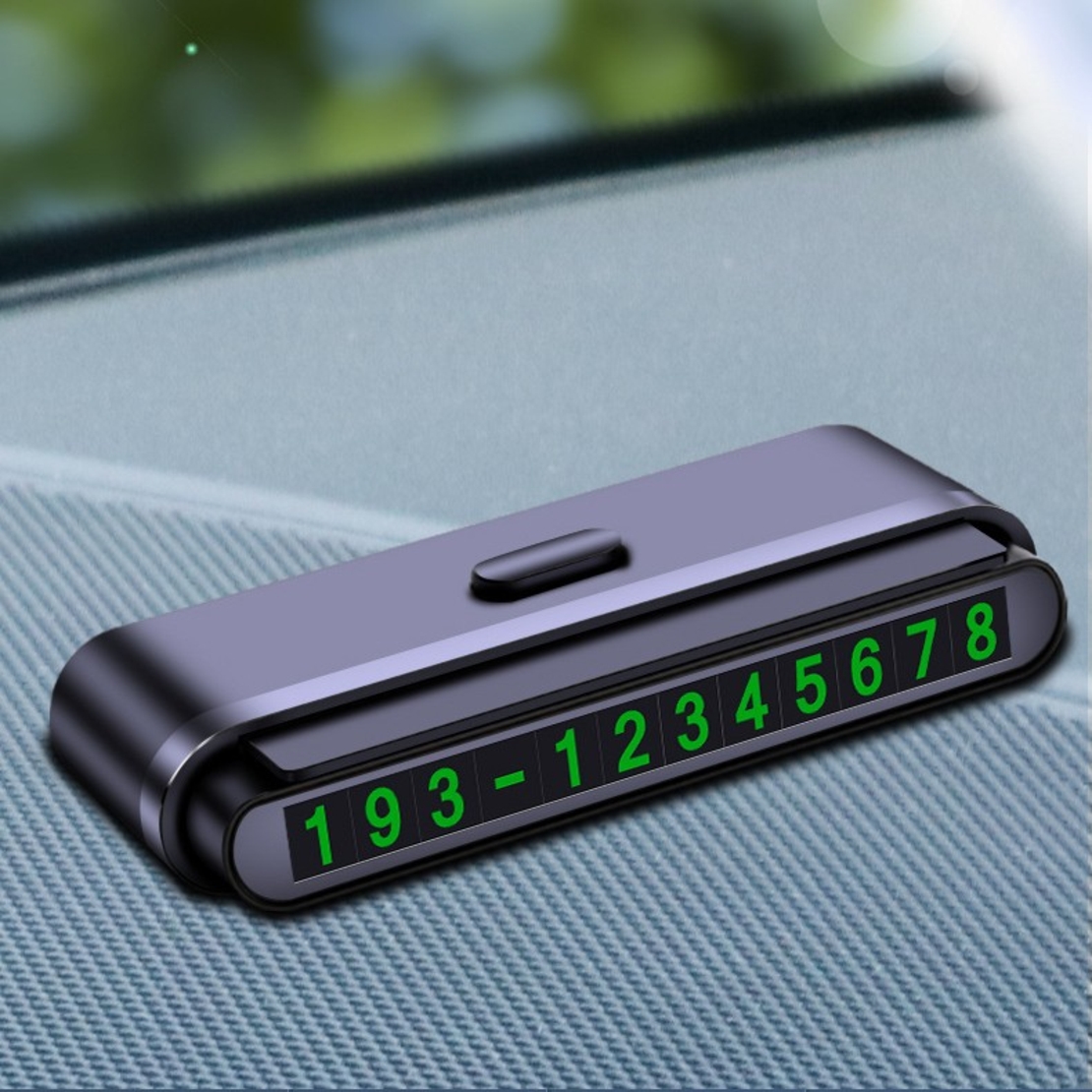 Suport Numar de Telefon pentru Parcare Auto, Flippy, Suport pentru Numarul de telefon, Banda glisanta pentru Ascundere, Banda Adeziva Inclusa, 120 x 48 x 24 mm, Cifre Verzi, Negru Mat