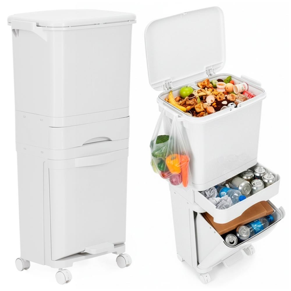 Cos de gunoi pentru colectare selectiva cu 3 compartimente, pe roti, 42 L, alb