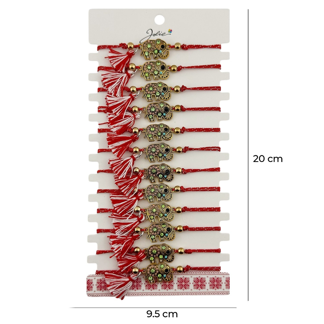 Martisor Bratara cu Ciucure pentru Dama, Jolie, Model Elefant cu Pietre Colorate, Set 12 bucati, Pandativ din Inox, Snur Reglabil, Rosu/Alb