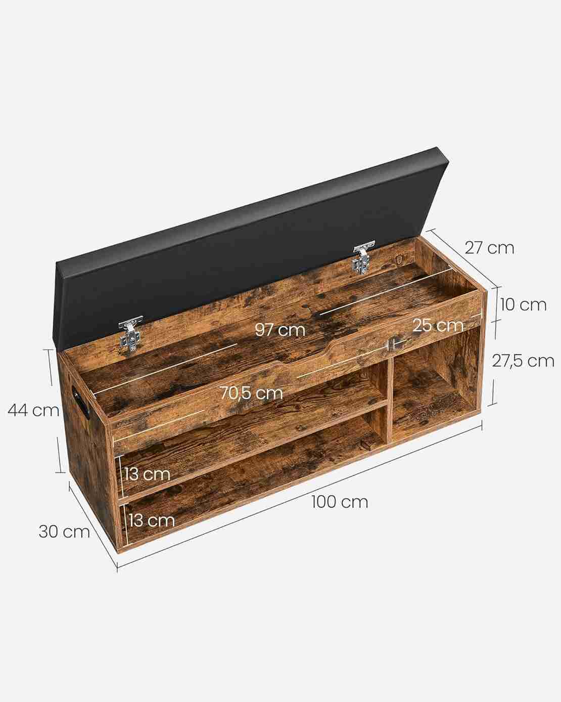 VASAGLE Pantofar cu banca capitonata, 3 compartimente, sarcina 150 kg, 30x100x44 cm, vintage, maro rustic