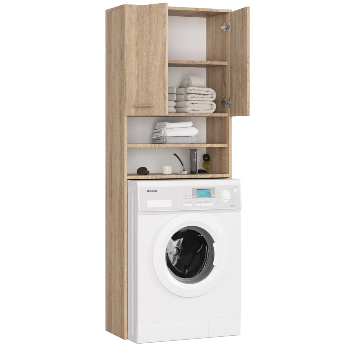 Dulap baie inalt pentru spatiu deasupra masinii de spalat, cu usi si polite, 64x30x180 cm, stejar sonoma