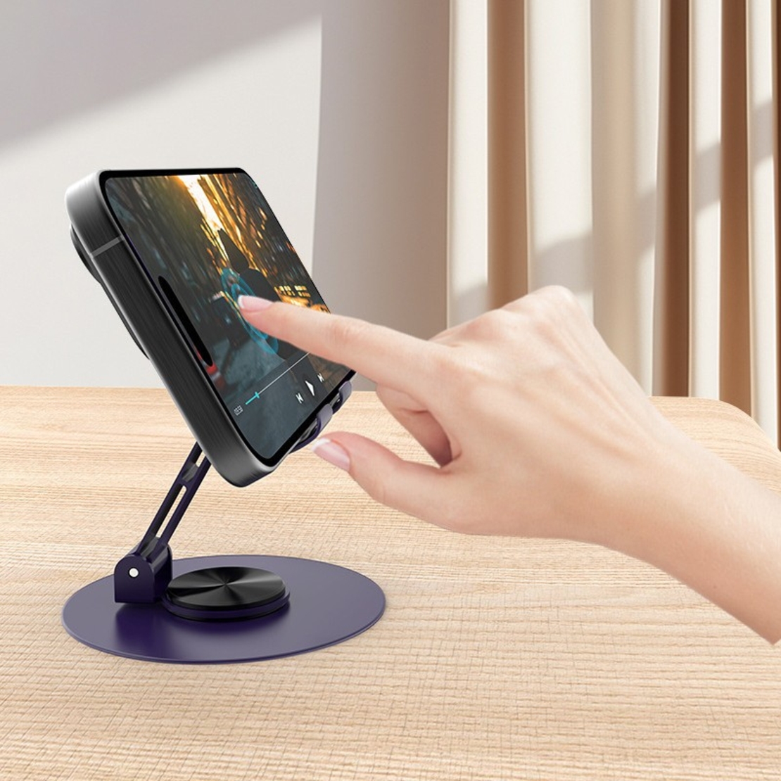 Suport rotativ pentru telefon, Flippy, Complet Metalic, Pliabil, Design Modern pentru Desktop, Multifunctional, Compatibil cu Tableta, 10.5 x 9 x 9 cm, 80 g, Mov inchis