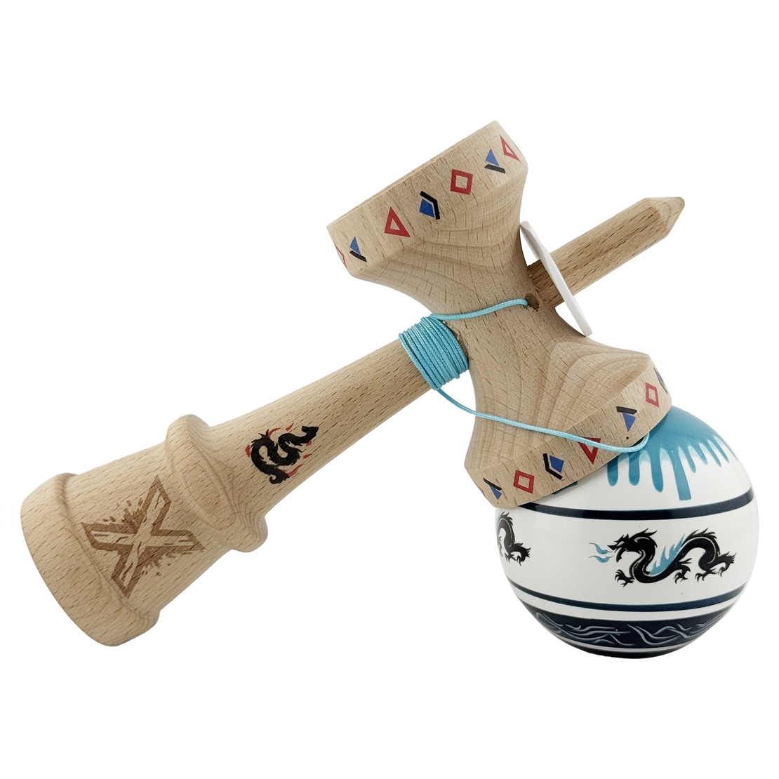 Kendama X Originala, Profesionala, Flippy, DRAGON Series, Super Sticky cu Cupe Mari King Size V3, Rulment Metalic si Gaura in Baza, din Lemn 18 cm, Ata 62/65 cm, Albastru/Negru