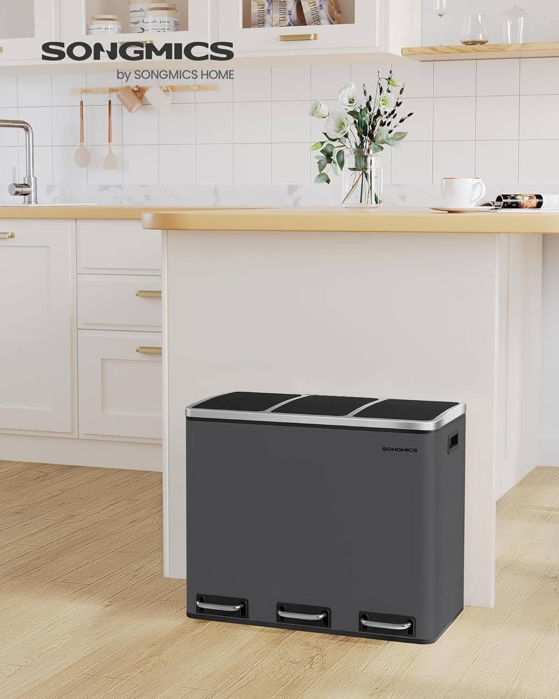 SONGMICS Cos de gunoi colectare selectiva cu 3 compartimente 3 x 18L, capace soft close, pedale, otel, 61x32x56 cm, gri mat