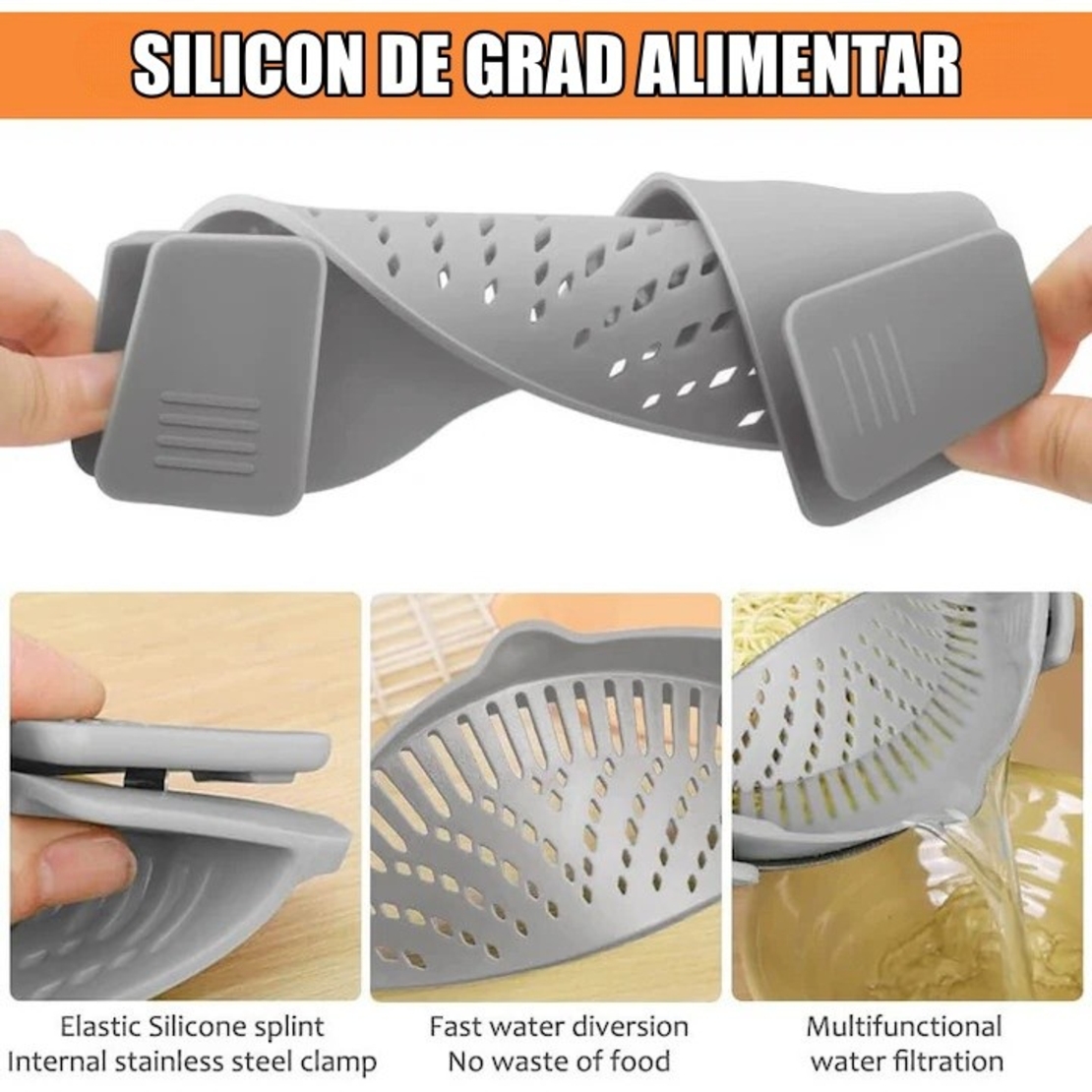 Strecurator Filtru pentru Vase, Vafy, din Silicon Rezistent la Temperaturi Inalte, Universal, Paste, Legume, Fructe, 23x12.5x6.7 cm, Gri