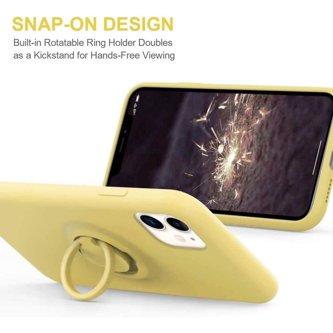 Husa protectie Vafy compatibila cu Apple iPhone 12 Mini Liquid Silicone Ring cu suport rotativ Galben