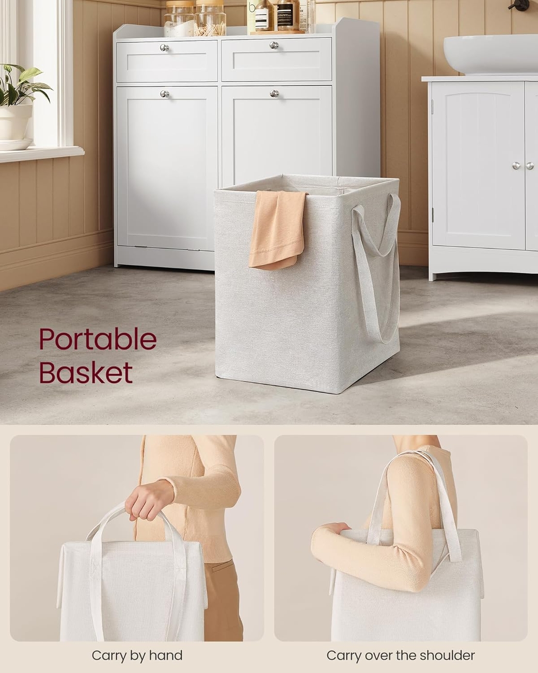 VASAGLE Dulap baie de podea, 2 cosuri de rufe integrate cu saci detasabili, 2 sertare, 79x40x80 cm, alb