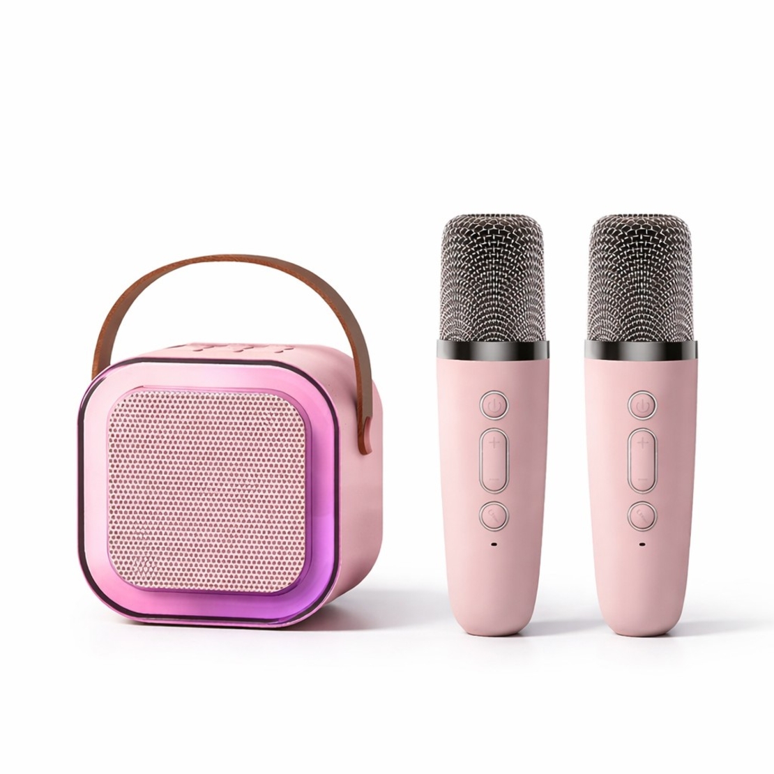 Boxa Portabila Karaoke, Vafy, Bluetooth 5.3, 5-10W, Set 2 Microfoane Wireless, LED RGB, 4 Efecte Vocale, Type-C, 14 x 11 cm, Roz