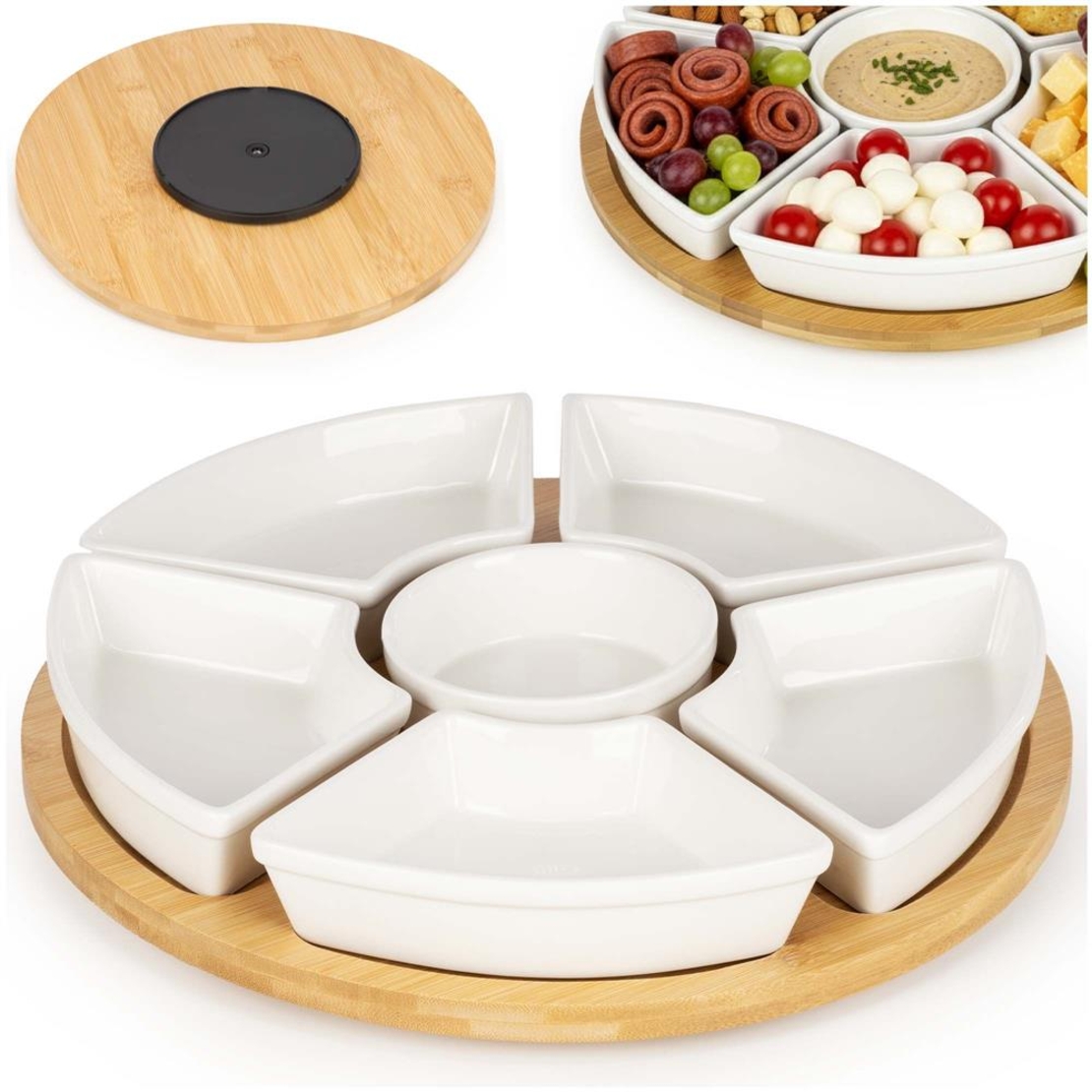 Set servire rotativ cu platou din bambus si 6 boluri din portelan, 30 cm, maro natur si alb