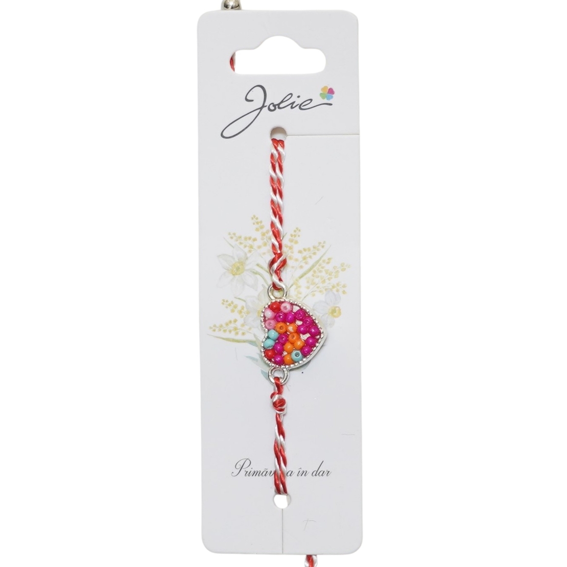 Martisor Bratara Snur Alb-Rosu, Jolie, Pandantiv Metalic, Model Inimioara