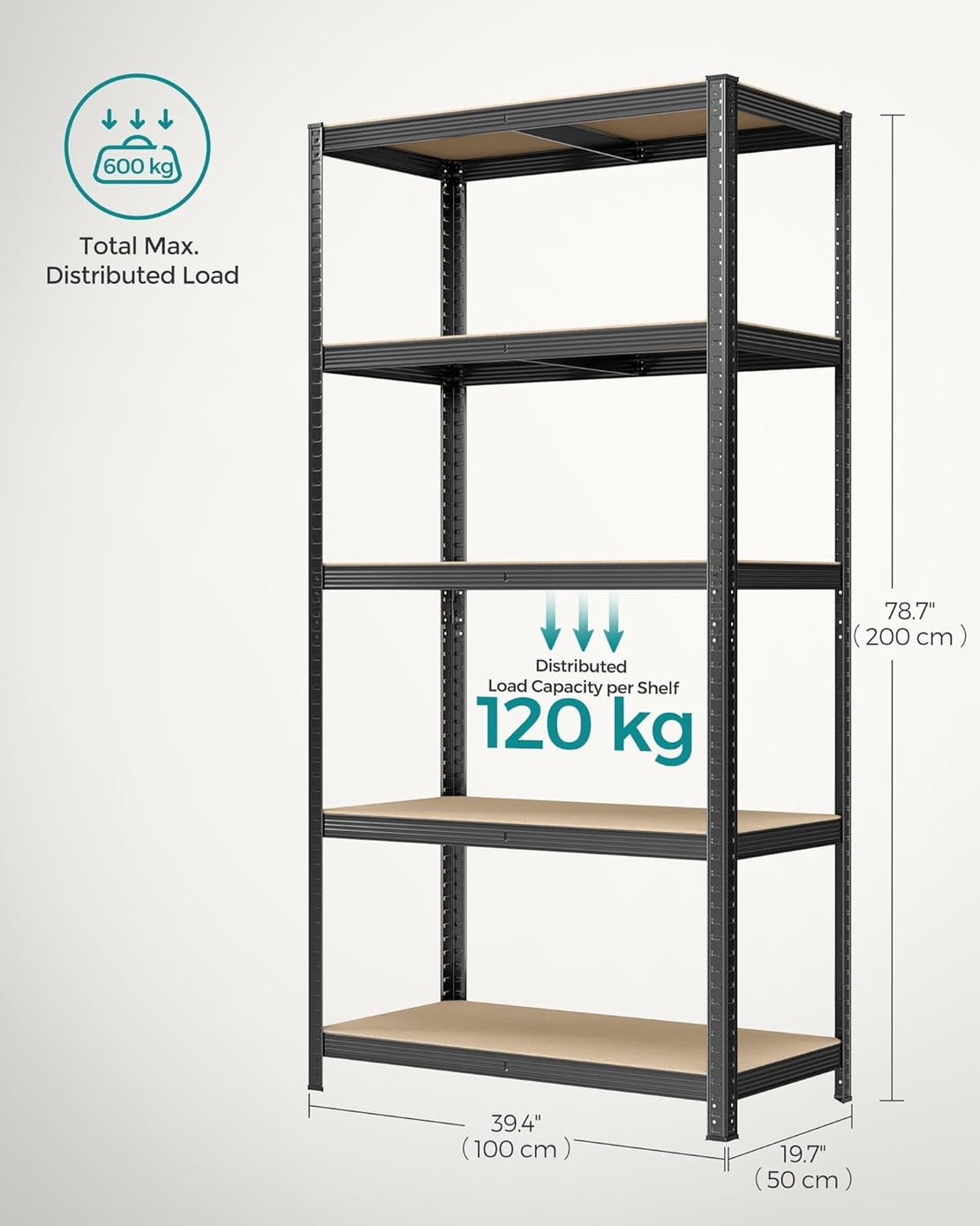 SONGMICS Raft de depozitare metalic, cu rafturi din PAL, 5 polite, max. 600 kg, 200x100x50cm, negru