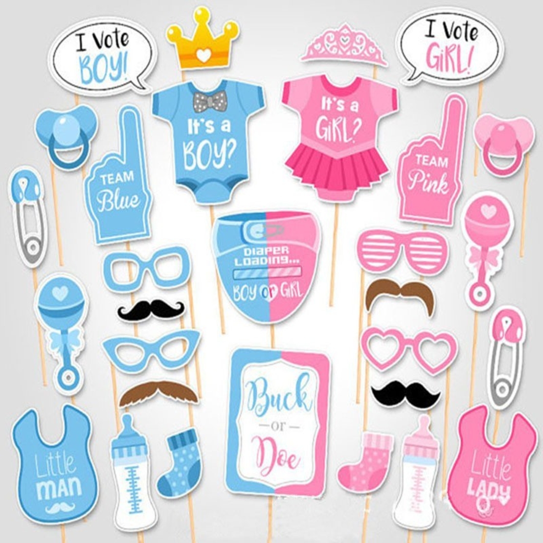 Set 30 de Accesorii pentru Petrecere, Vafy, Props pentru Coltul de Poze, Gender Reveal, Tematica Baby Shower, Albastru-Roz
