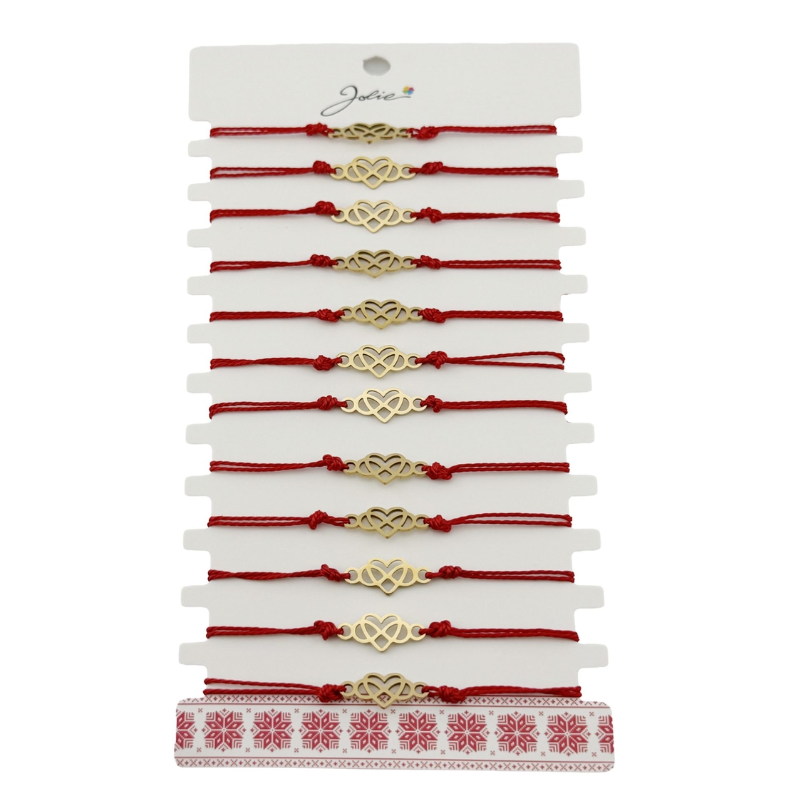 Bratara Martisor pentru Dama, Jolie, Model Infinit in Inima, Set 12 bucati, Pandativ din Inox Auriu, Snur Ajustabil Impletit, Rosu