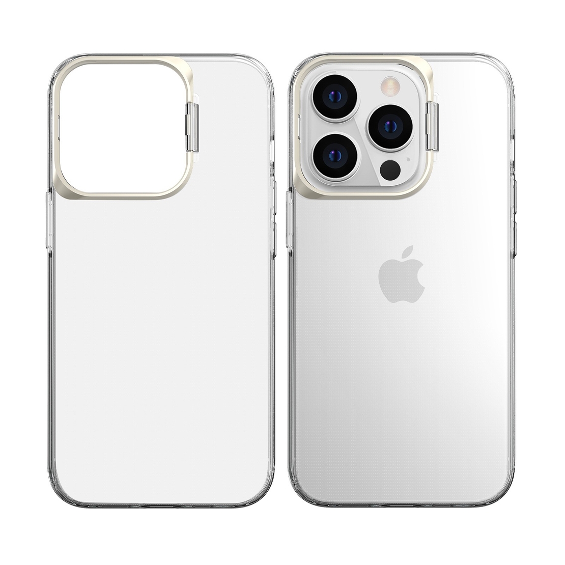 Husa de protectie pentru iPhone 14 Plus, cu suport metalic pentru camera, Bracket Series, Vafy, Protectie Antisoc, PC mat, silicon moale pe margini, Transparent