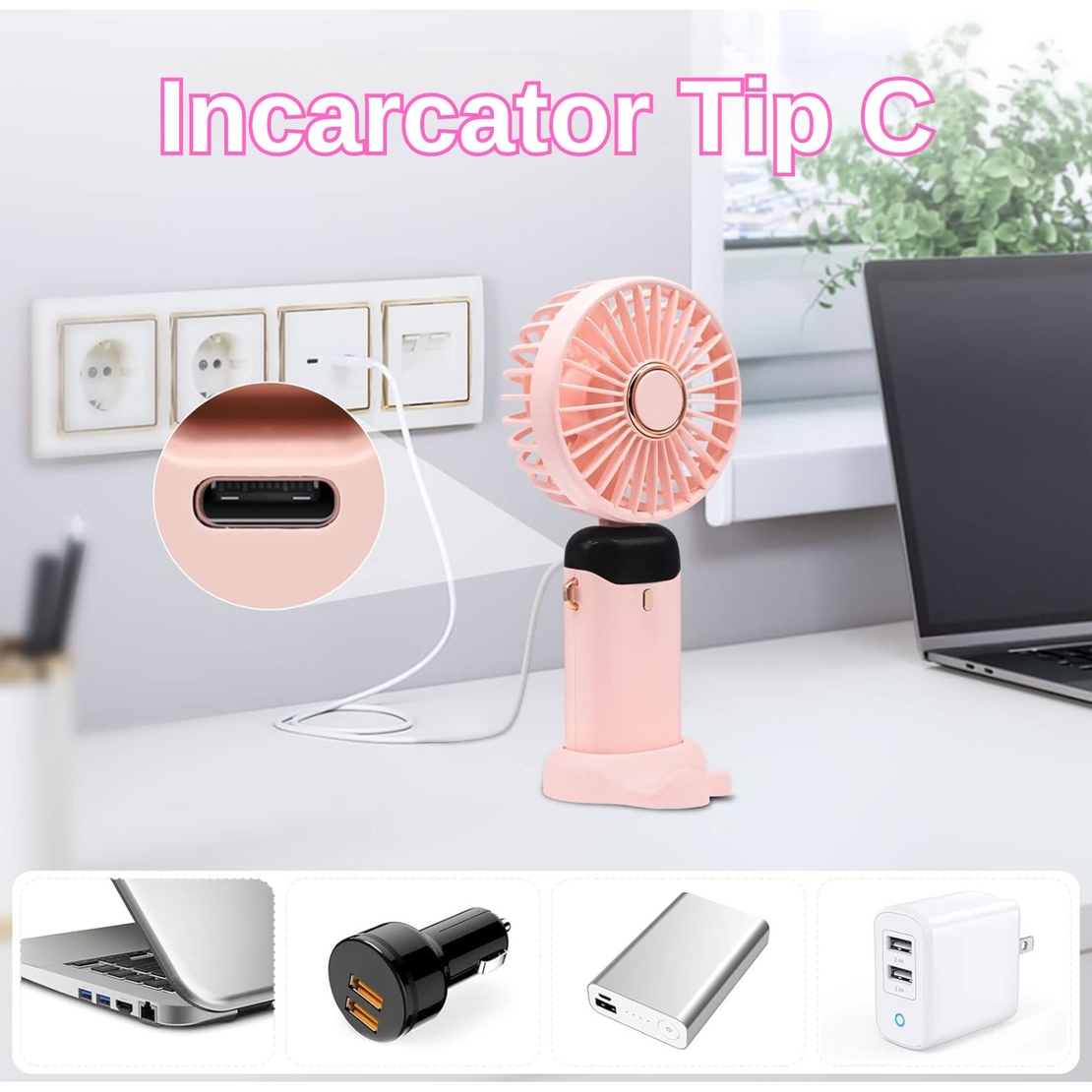 Ventilator Ultra Portabil cu Aromaterapie, Vafy, 3 in 1, de Mana, de Birou, de Gat, 5 Trepte de Viteza, Incarcare USB, Autonomie 12h, Pliabil, cu Ecran LCD, Roz