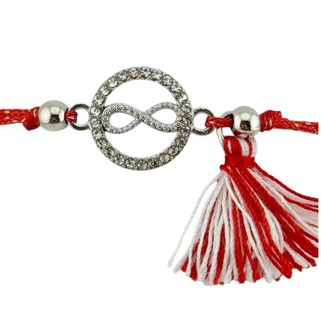 Martisor Bratara cu Ciucure pentru Dama, Jolie, Model Cerc Infinit, Set 12 bucati, Pandativ din Inox cu Pietre, Snur Reglabil, Rosu/Alb