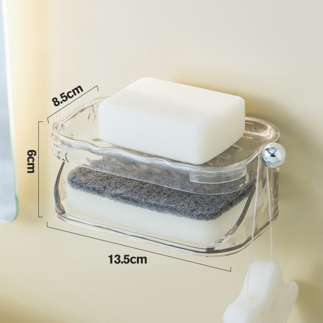Savoniera Dubla, Flippy, 2 Straturi, Instalare fara Perforare, Agatatoare Burete, 13.5 x 8.5 x 6 cm, Transparent