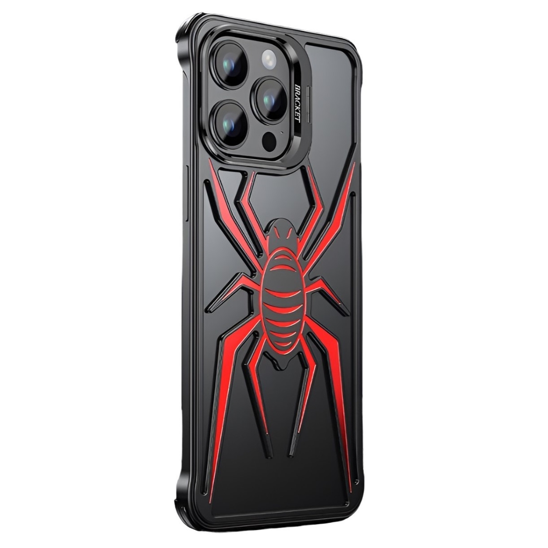 Husa de Protectie Compatibila iPhone 15 Pro, cu Suport Metalic pentru Camera, Armor Protective Series, Vafy, Antisoc, Protectie de Metal pe Margini, Model Paianjen, Negru Rosu