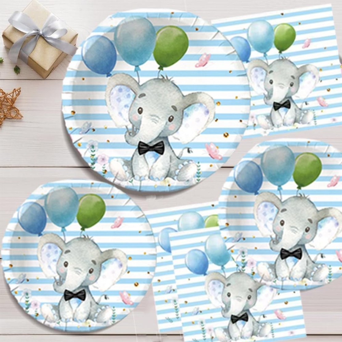 Set 10 Farfurii Unica Folosinta, Flippy, Imprimeu Elefant, din Carton, 17 cm, Albastru