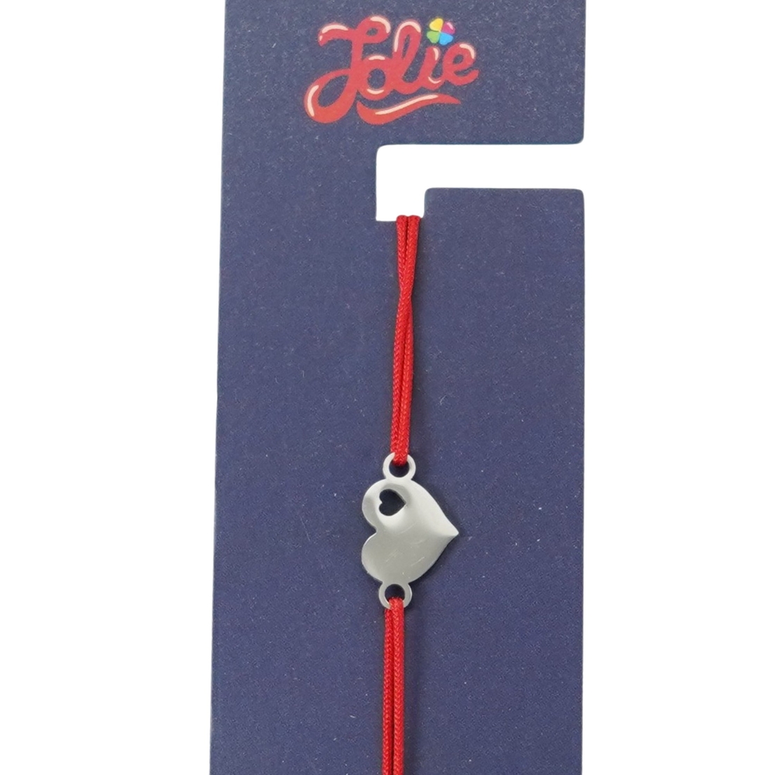 Martisor Bratara din Inox pentru Copii, Jolie, Textil si Inox, Snur Rosu, Model Inimioare, Argintiu