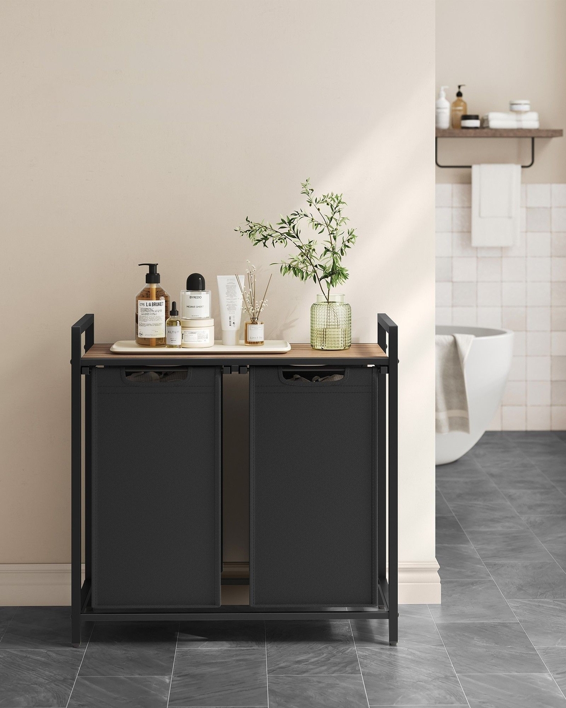VASAGLE Cos de rufe, 2 compartimente, saci de rufe detasabili, raft, cadru metalic, 2x46L, 73x33x72 cm, maro si negru