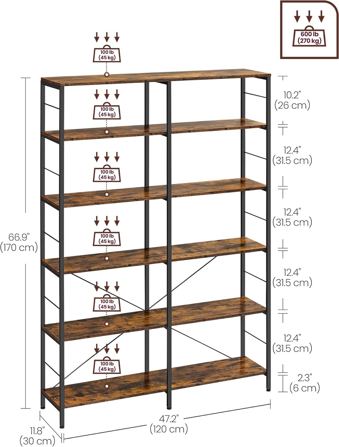 VASAGLE Biblioteca 6 rafturi, cadru metalic, stil industrial, 30x120x170 cm, maro rustic