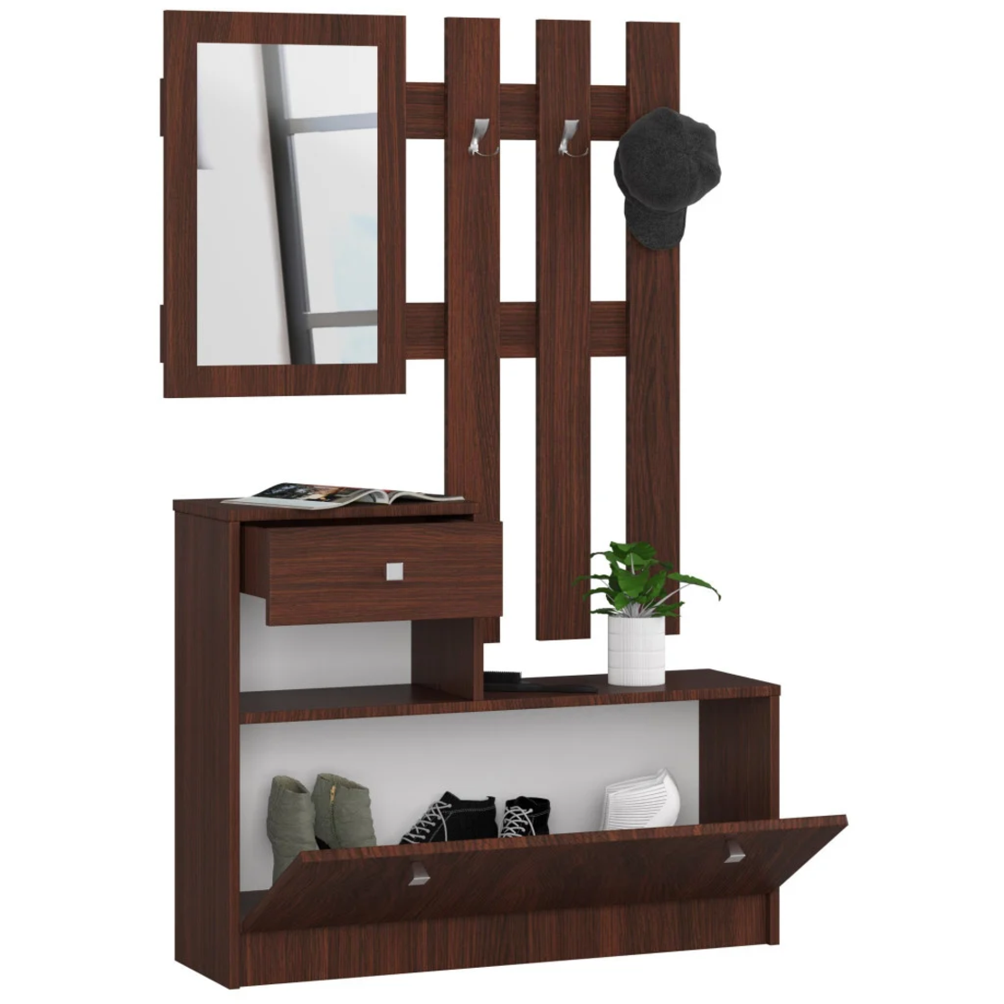 Set mobilier hol cu pantofar, oglinda, sertar si cuier metalic, PAL laminat, 90x25x170 cm, maro