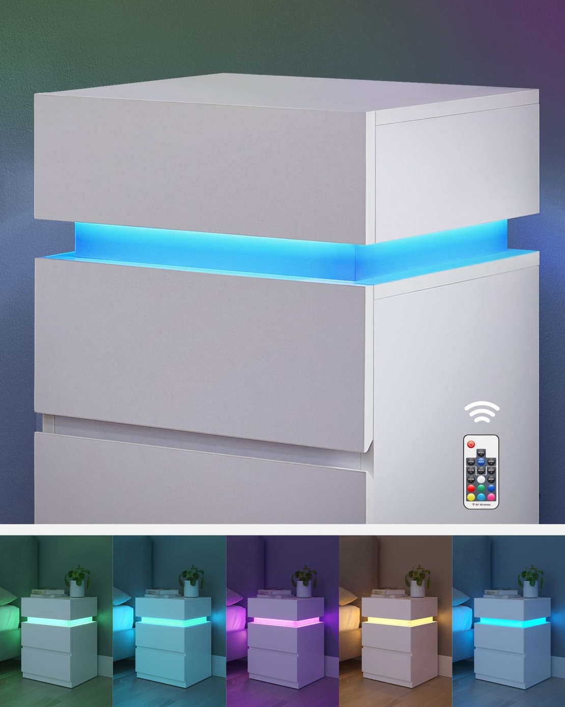 VASAGLE Noptiera din MDF cu iluminare LED, culori si intensitate reglabile, 35x40x55cm, alb