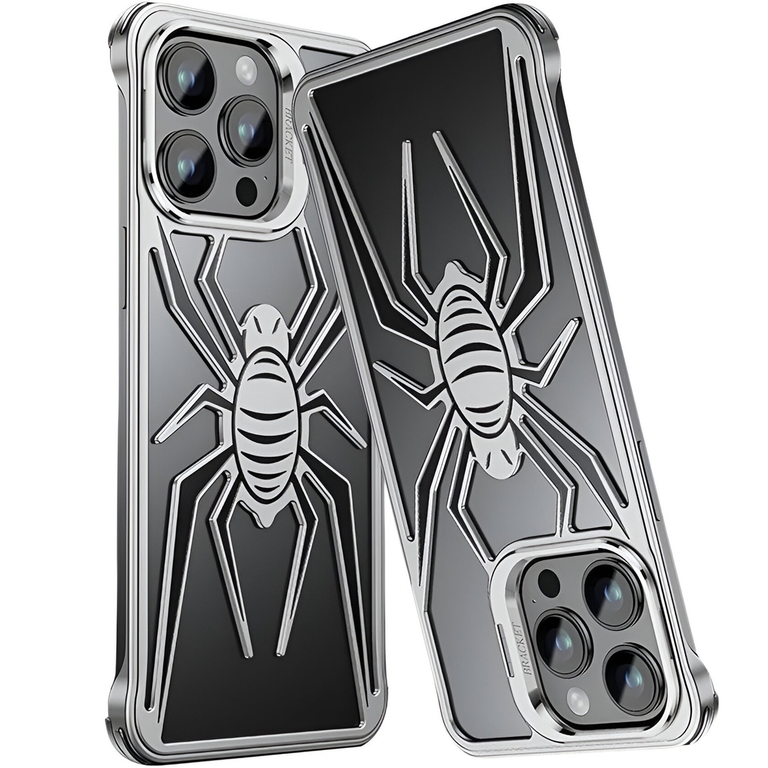 Husa de Protectie Compatibila iPhone 15 Pro Max, cu Suport Metalic pentru Camera, Armor Protective Series, Vafy, Antisoc, Protectie de Metal pe Margini, Model Paianjen, Negru Gri