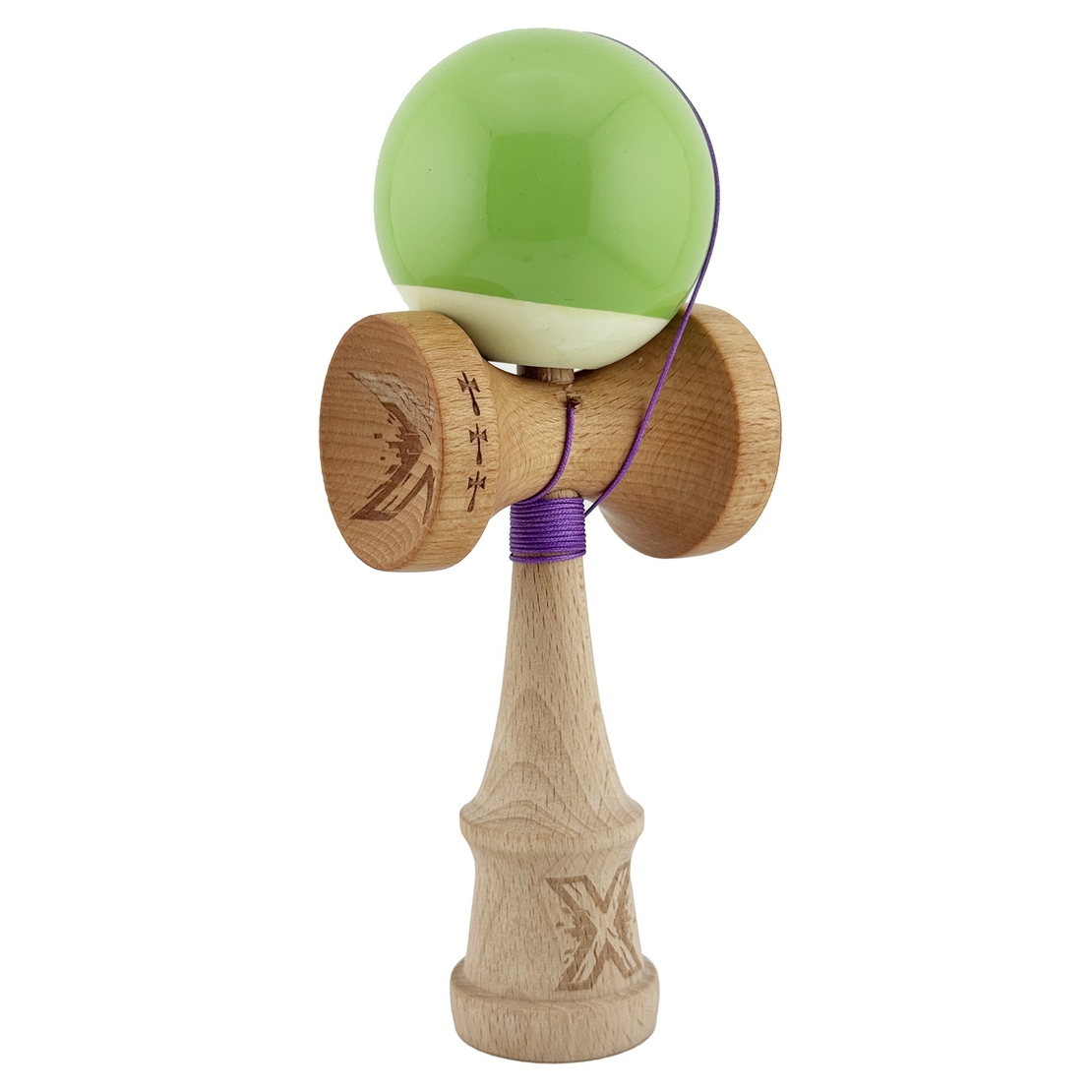 Kendama X Originala, Profesionala, Flippy, Big Cups V2, Super Sticky cu Cupe Mari, din lemn 18 cm, Rulment Metalic cu Ata 55 cm, Verde deschis/Alb
