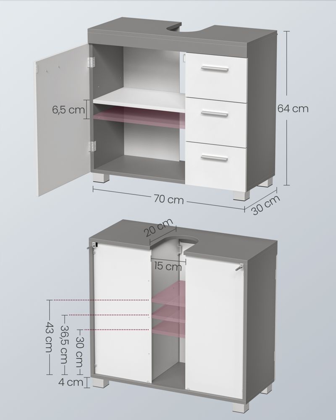 VASAGLE Dulap baie lavoar, cu 3 sertare si 2 compartimente, MDF, 70x30x64 cm, alb si gri
