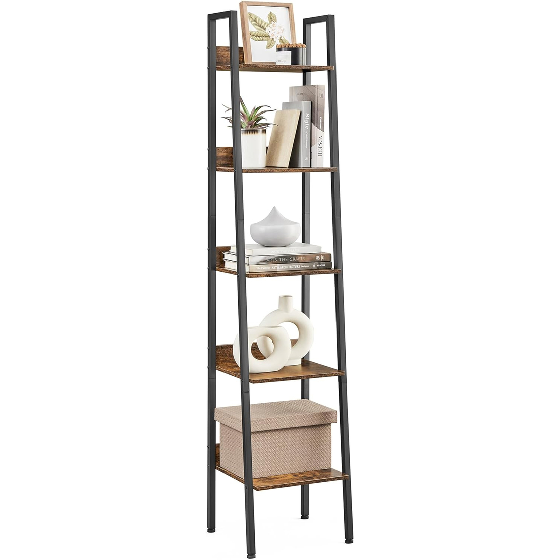 VASAGLE Biblioteca tip scara cu 5 rafturi, design industrial, cadru metalic si rafturi din PAL, 34x30x170 cm, maro rustic