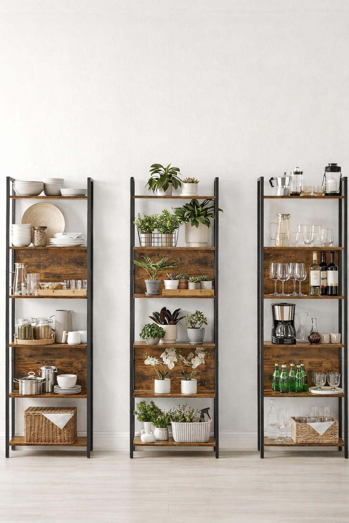 VASAGLE Biblioteca cu 6 rafturi, stil industrial, cadru metalic si PAL, 128x24x187 cm, maro rustic