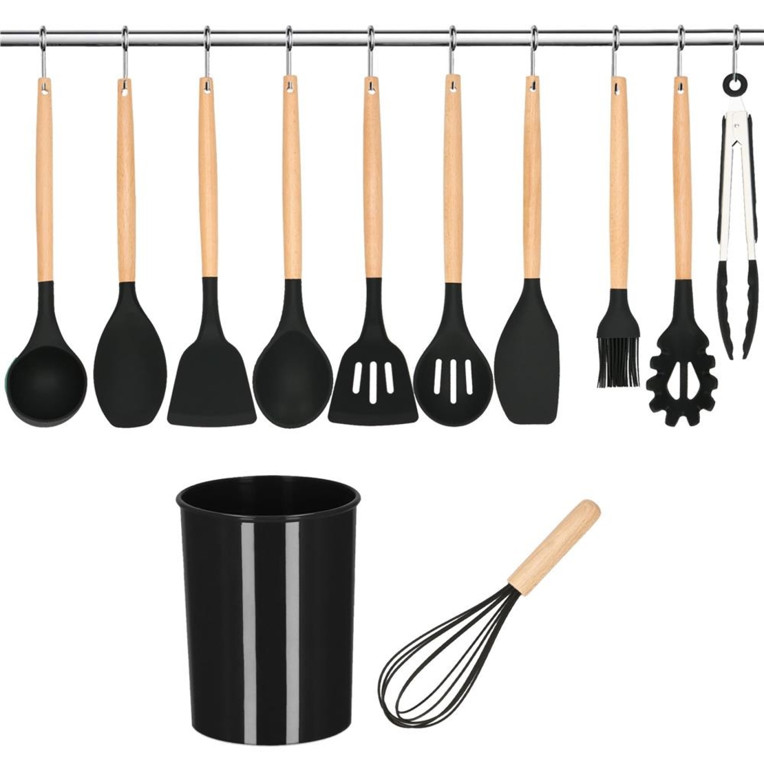 Set Sersimo 12 ustensile de bucatarie din silicon termorezistent si maner din bambus, negru
