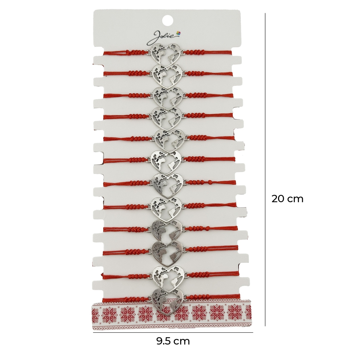 Bratara Martisor pentru Dama, Jolie, Model Inima Glob, Set 12 bucati, Pandativ Argintiu din Inox cu Snur Rosu Ajustabil