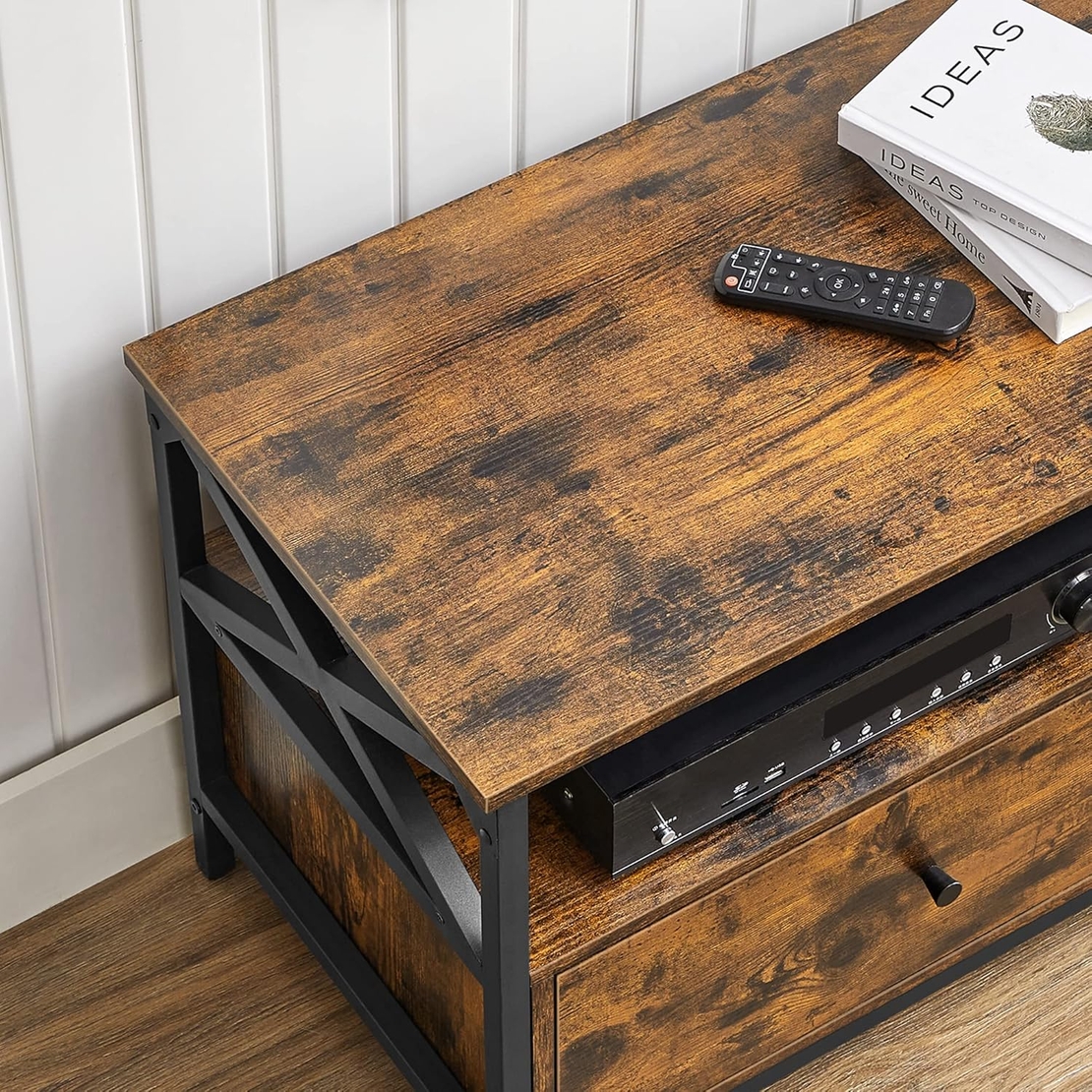 VASAGLE Comoda TV cu 2 sertare si 2 rafturi, cadru metalic, stil industrial, 120x40x50 cm, maro rustic