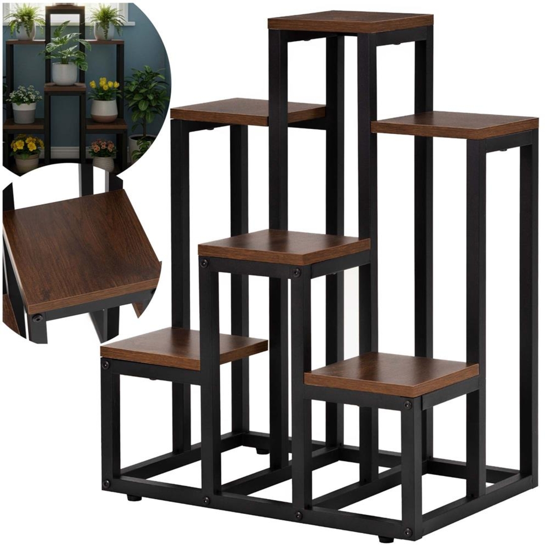 Suport pentru flori cu 6 polite din lemn, structura metal, 51x34x68 cm, negru
