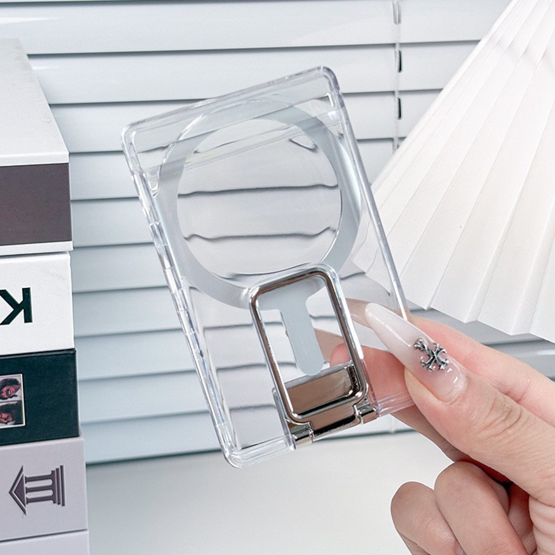 Husa pentru Carduri, Vafy, Compatibil cu Telefon Apple Magsafe, Accesoriu pentru Husa MagSafe, cu Suport Pliabil Argintiu, Transparent