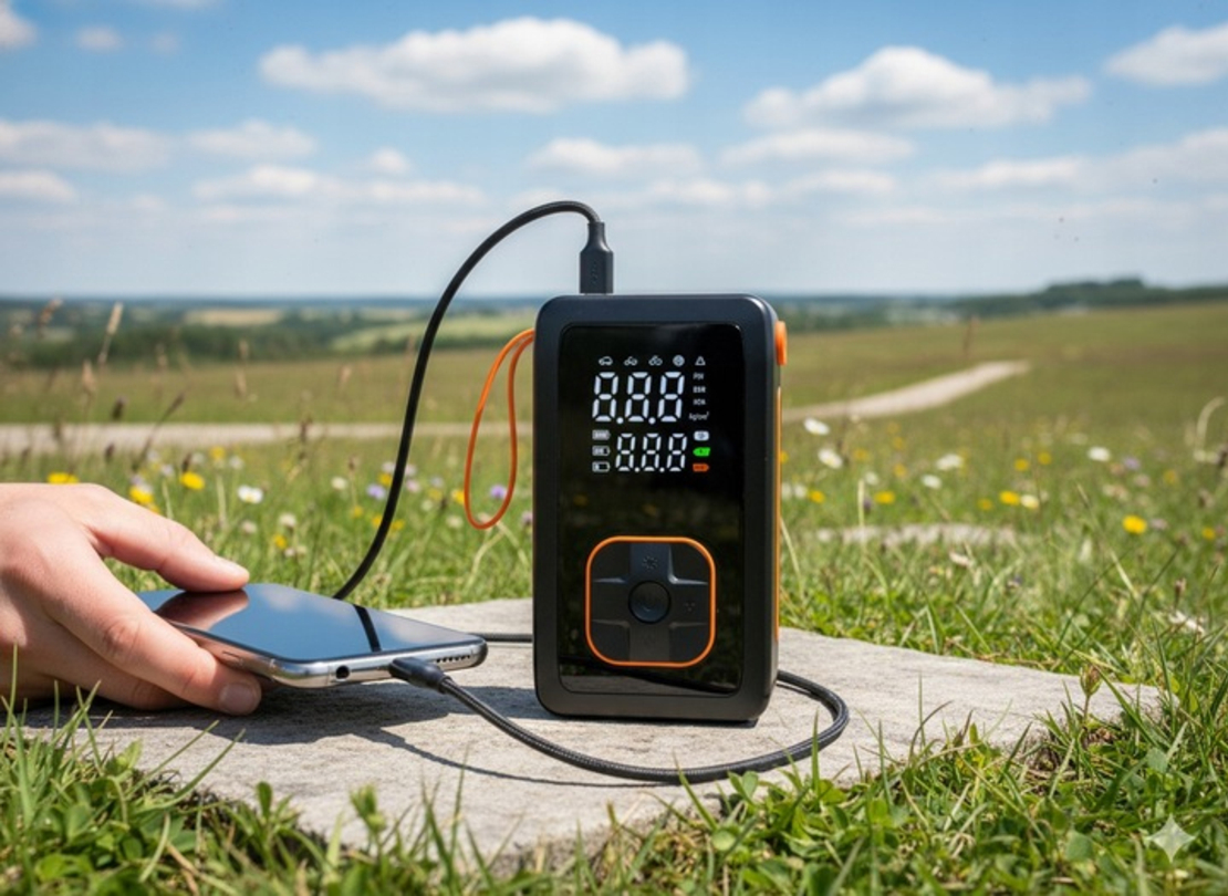 Compresor anvelope portabil auto 12V, acumulator 3600 mAh, cu manometru, display LED si functie powerbank, reincarcare USB