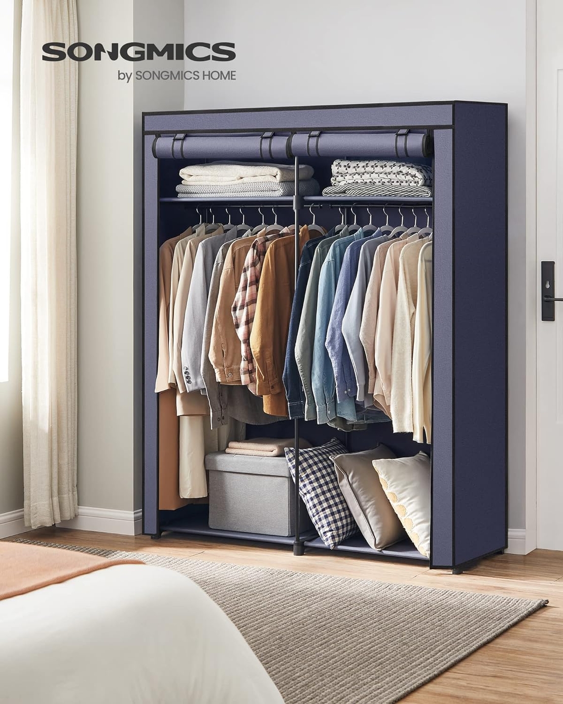SONGMICS Garderoba pentru depozitarea hainelor, din material textil, cu 2 bare pentru umerase, 43x140x174cm, albastru